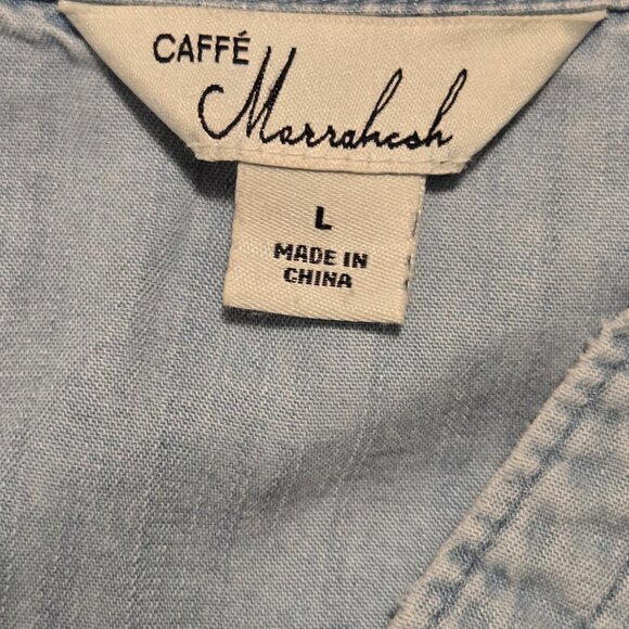 Caffe Marrakesh Pale Blue Chambray Short Sleeve Tie Waist Button Up Top Size L - Picture 3 of 4